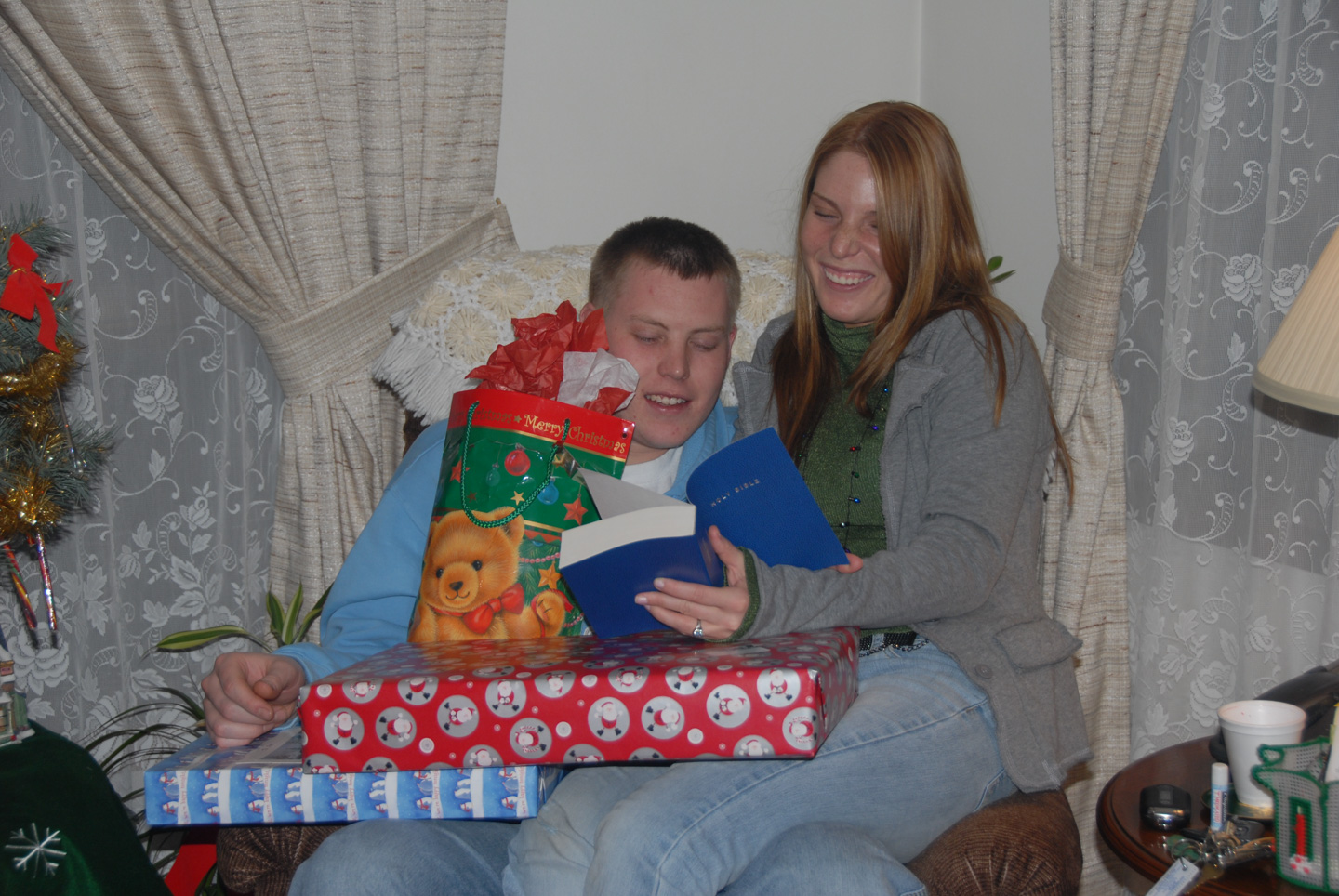 gifts piled on Pat and Fallyn