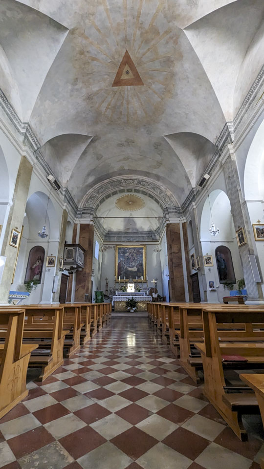 Interior of the church in Genga, with a triangle painted on the ceiling