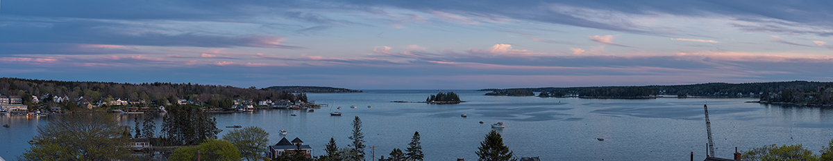 Panorama of Boothbay Harbor at sunset