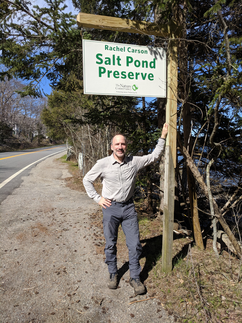Paul and the Carson Salt Pond Preserve sign