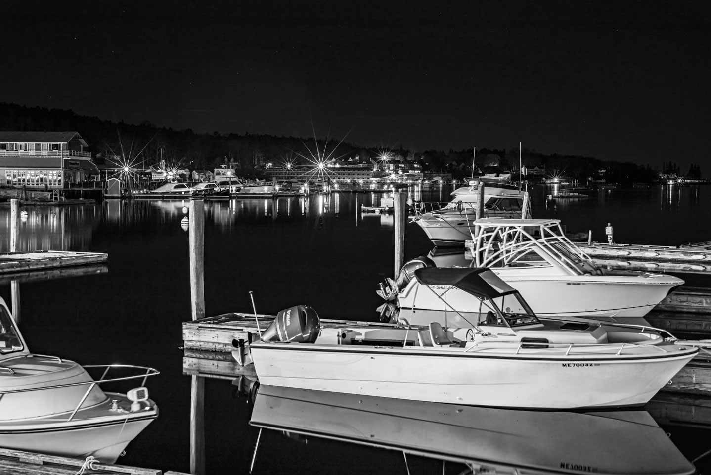 black and white harbor at night