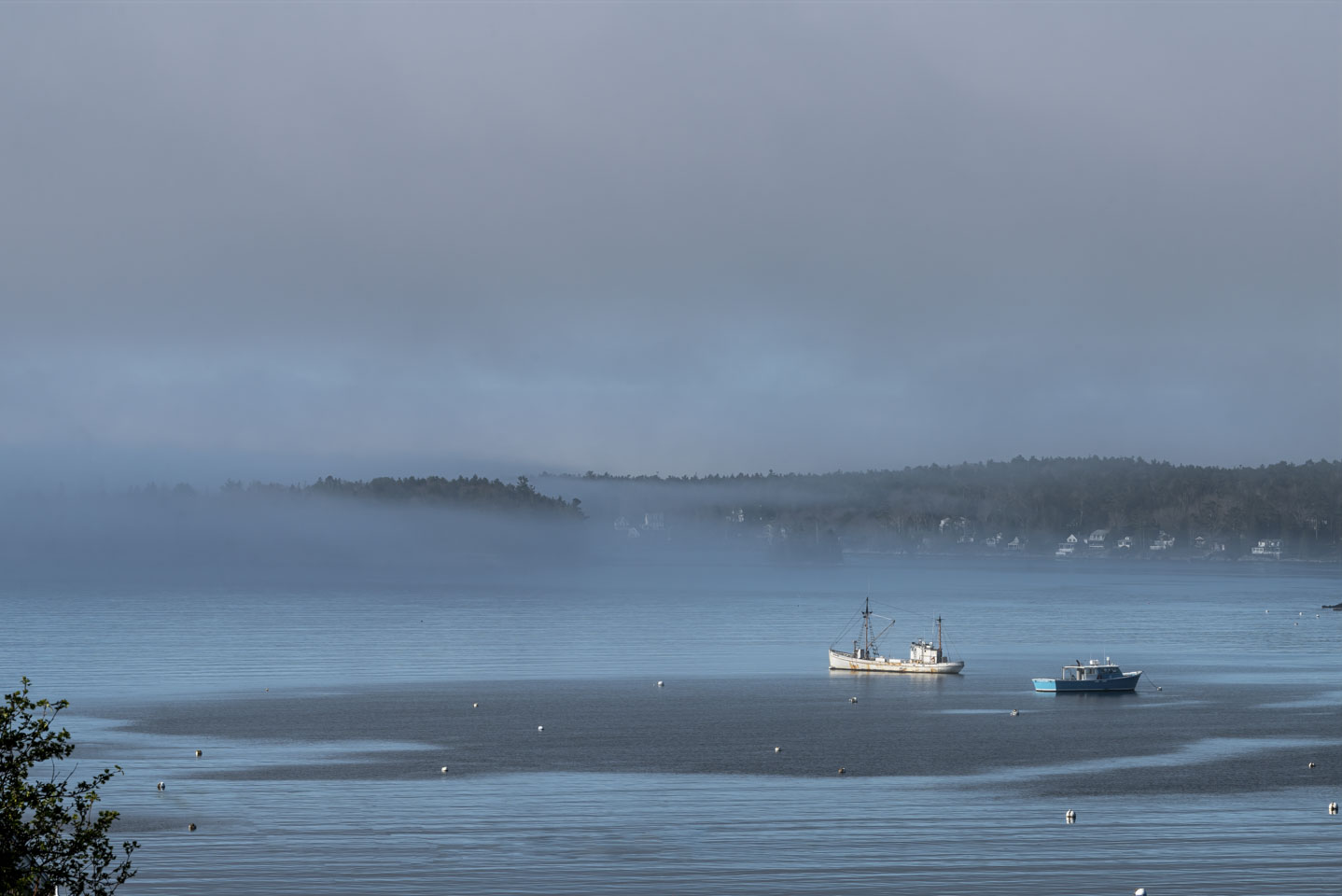 A couple boats with the sun on them in Boothbay Harbor while fog rolls in