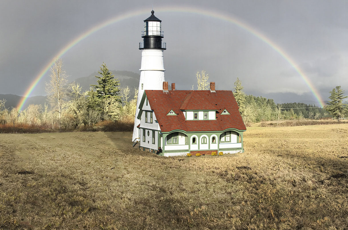 Portland Head Light in a field with a rainbow
