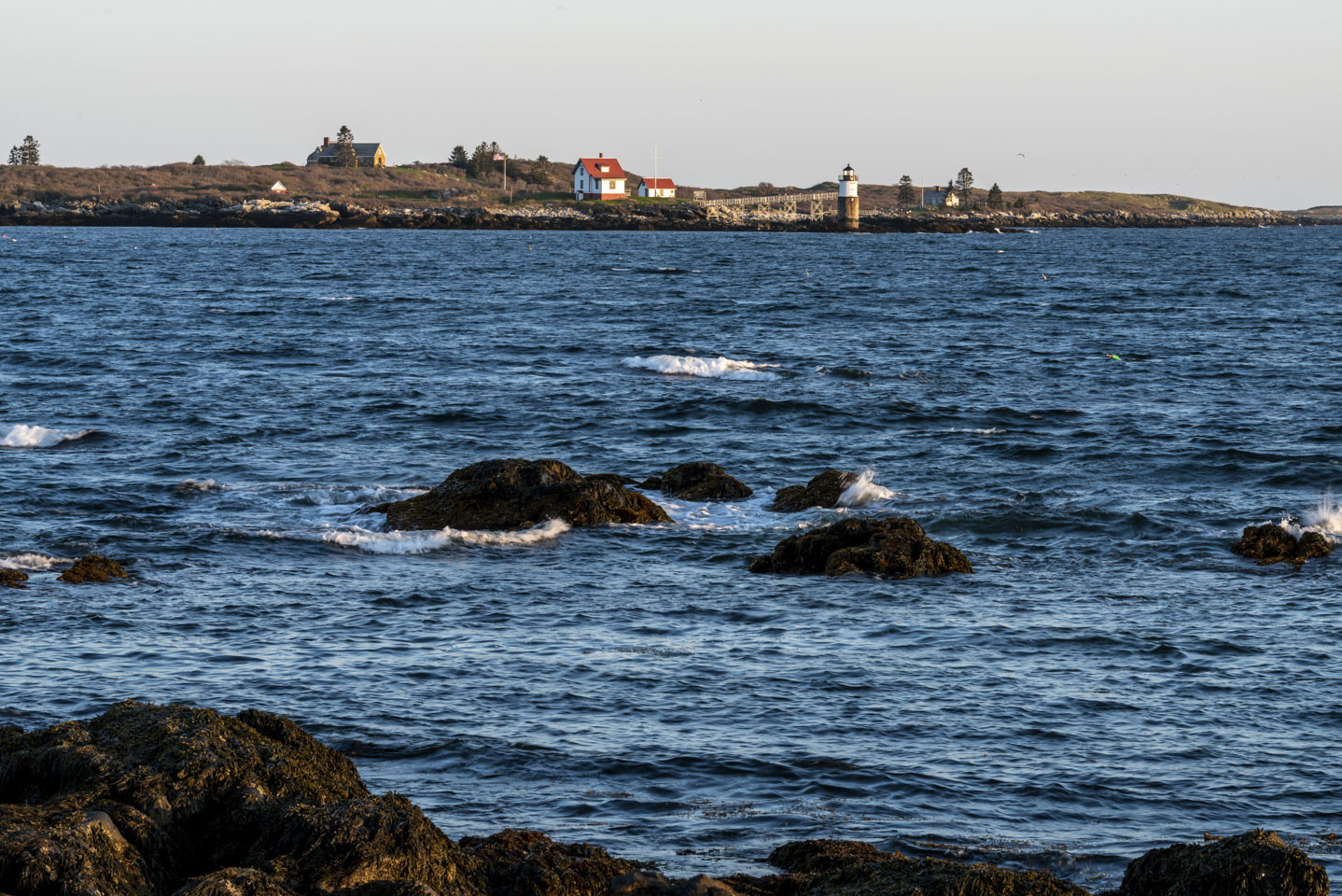 A view of Ram Island Lighthouse at sunset