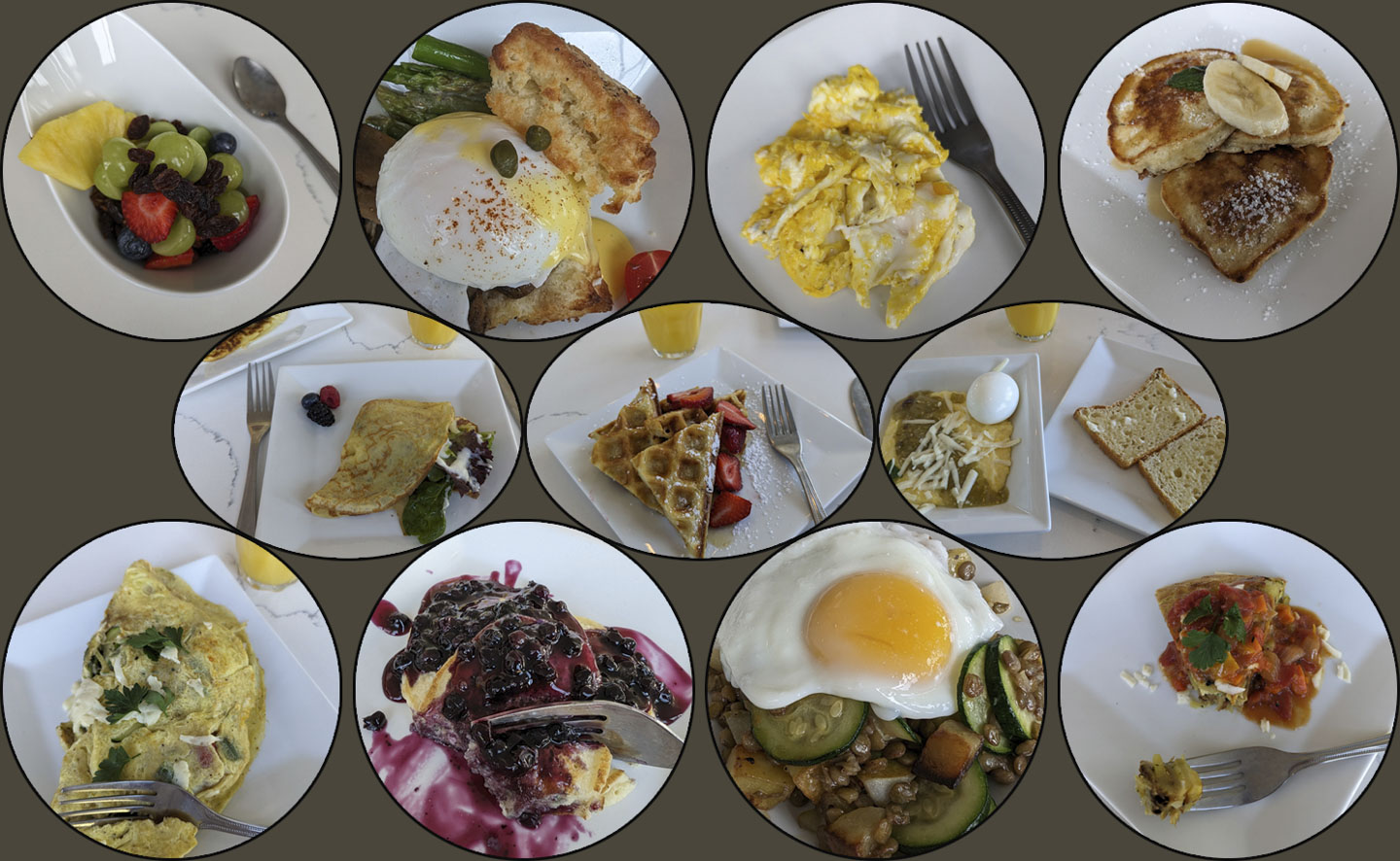 Multiple small pictures of breakfasts from Boothbay Harbor