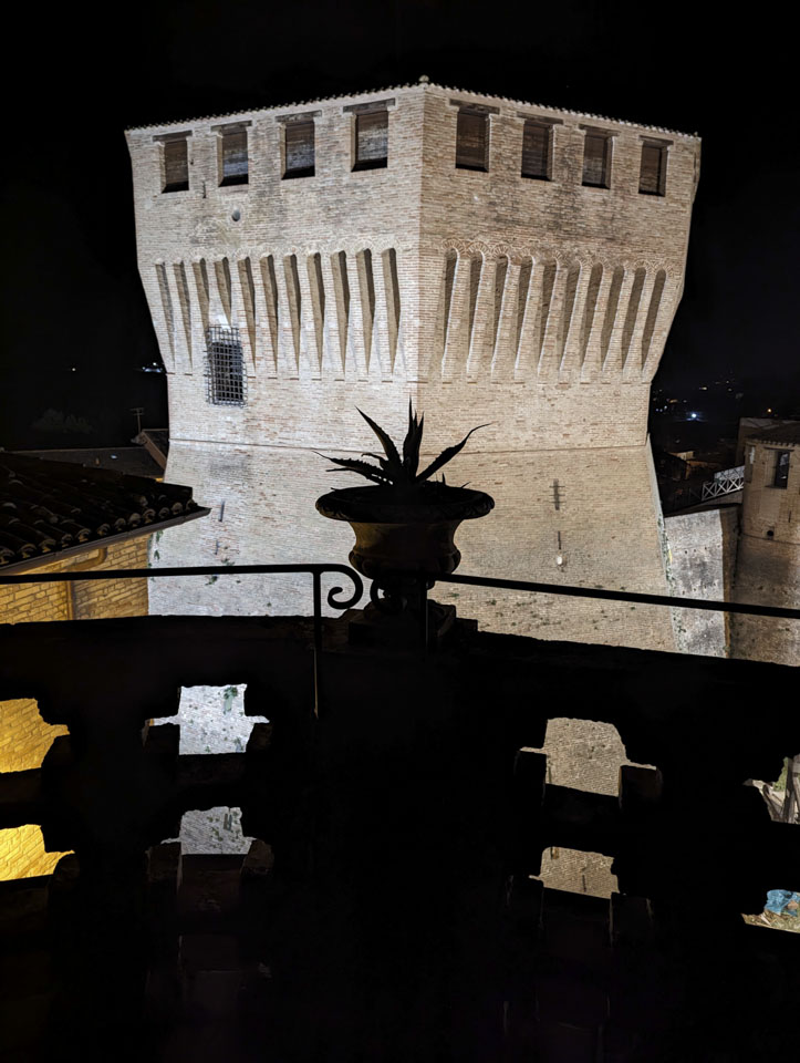 The Rocca seen at night, with a planter silhouetted in front of it