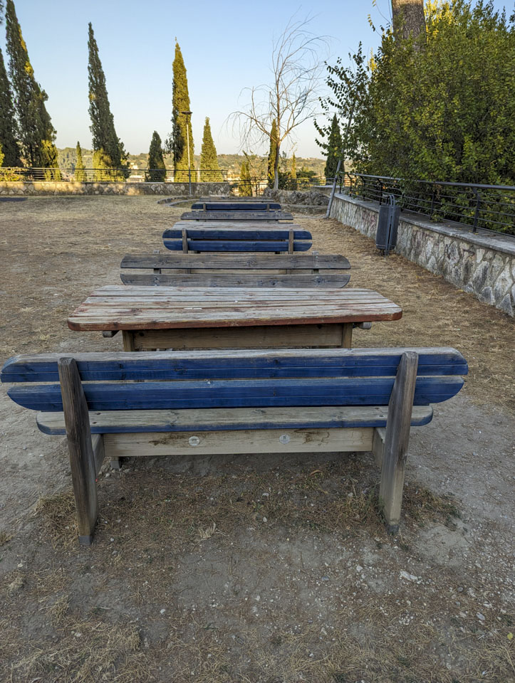 Picnic tables in front of the architectural school in Ascoli Piceno