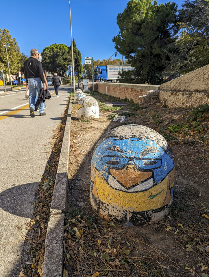 Paul walking away from us on in a bike lane, and on the right is a row of rounded cement blocks. Each block has a stylized bird painted on it.