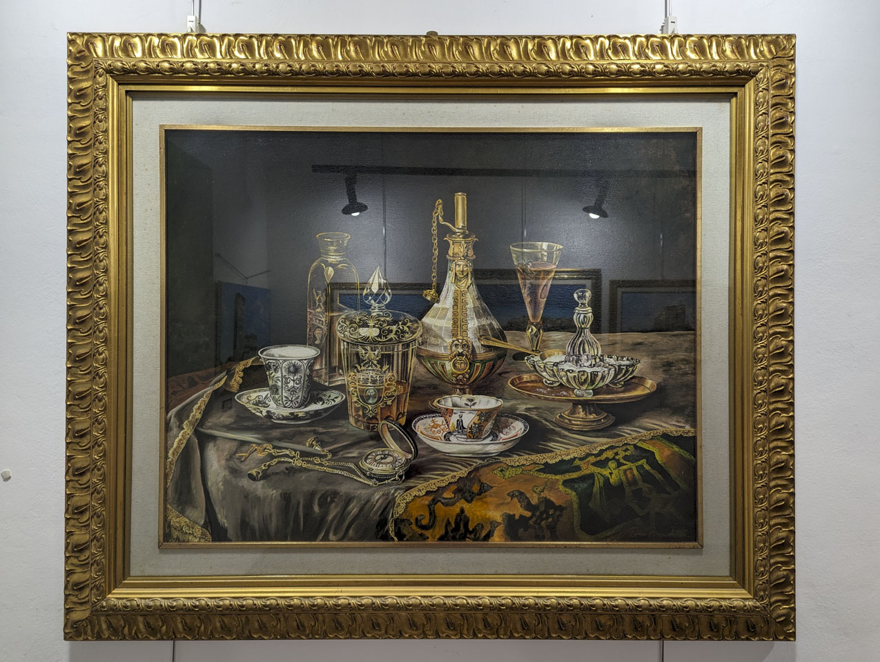 still life painting of wine, tea, and cups