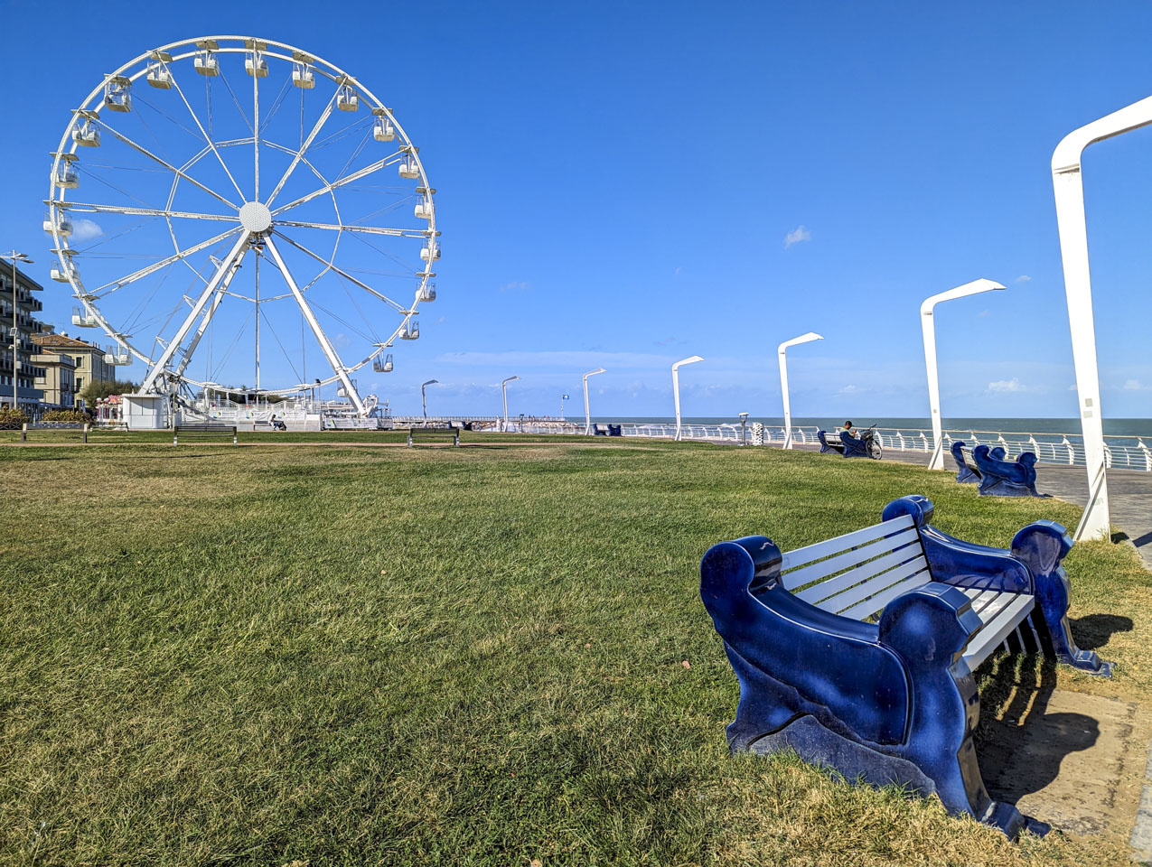 The white Ferris wheel is on the left in the distance, and a curved path leads up to a blue bench in the foreground.