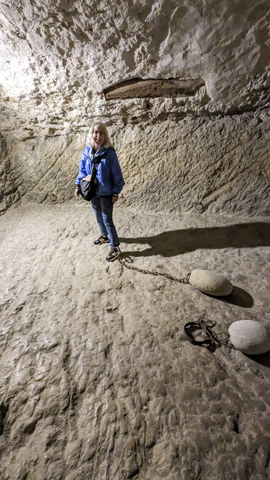 Alizia has a chain around her ankle, with the chain leading to a heavy stone at the other end. She is in a room of stone.