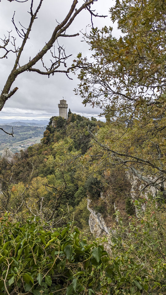 Viewed through a space between trees is a single tall tower with a steep cliff to the left of it.