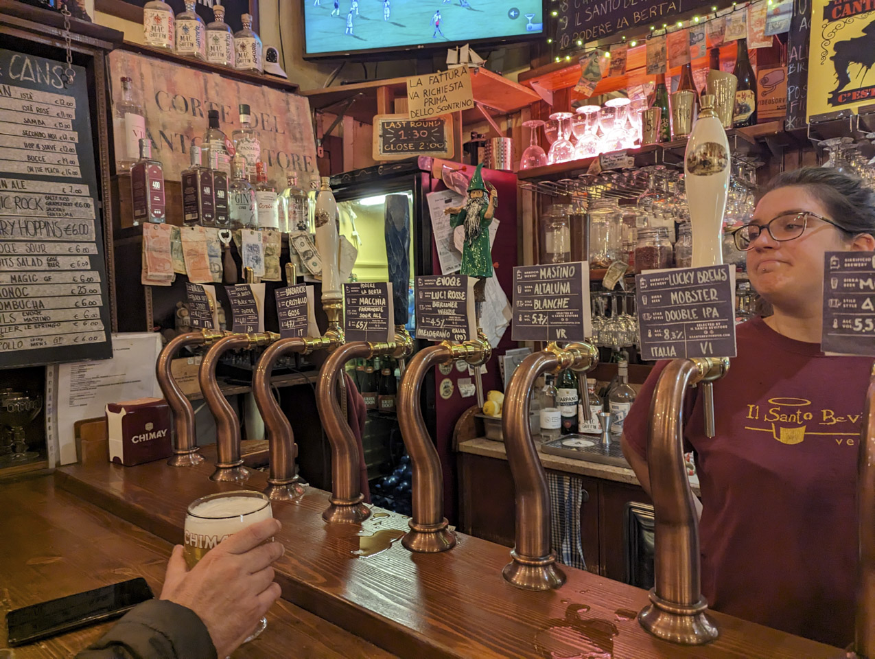 Some of the taps at Il Santo Bevitore beer pub in Venice, Italy