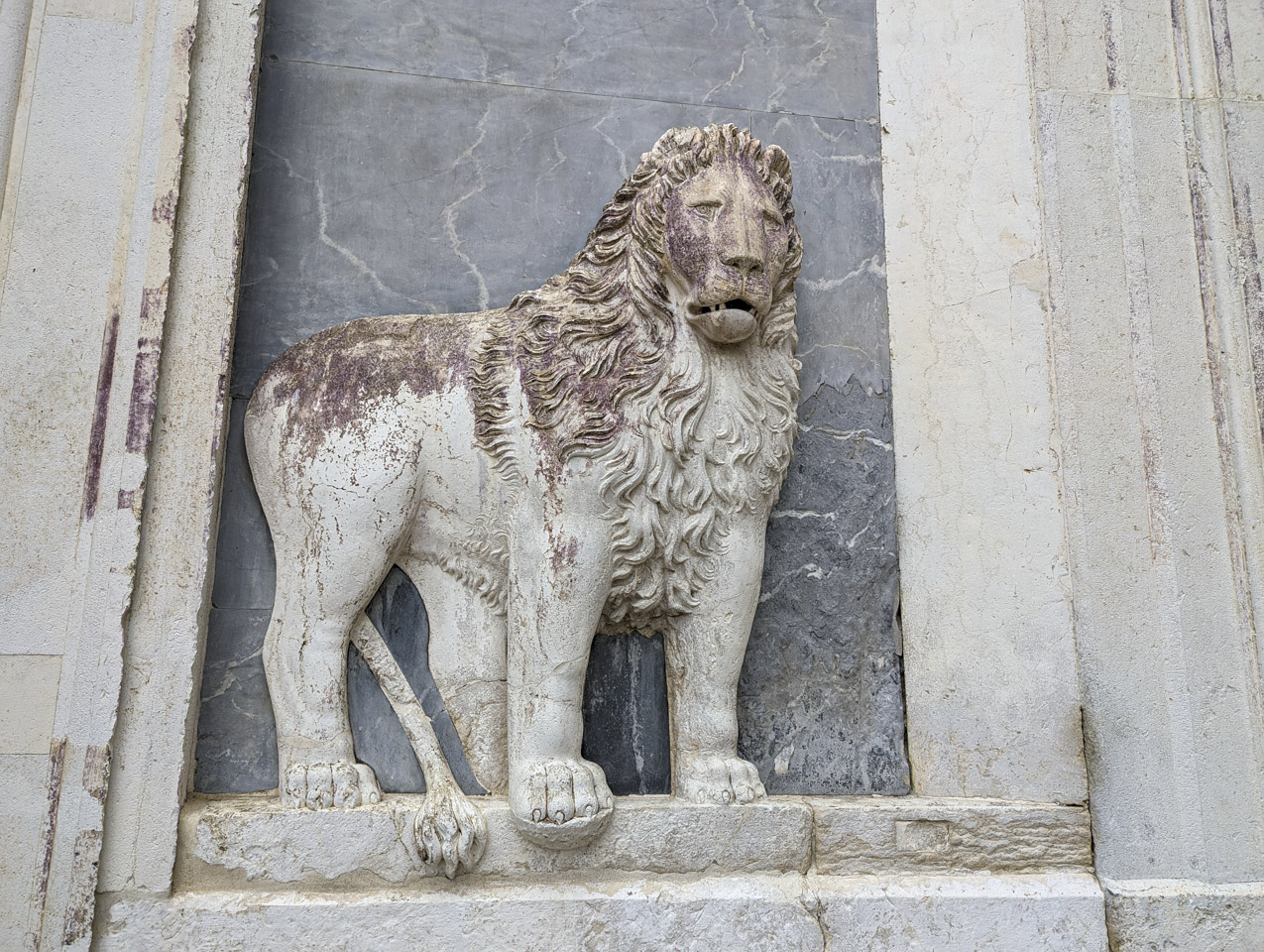 A carved lion on the wall of a building