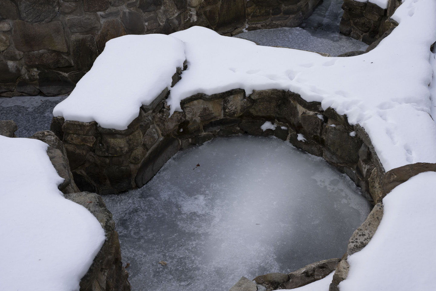 One of the pools of the fish ladder is seen with ice covering it.