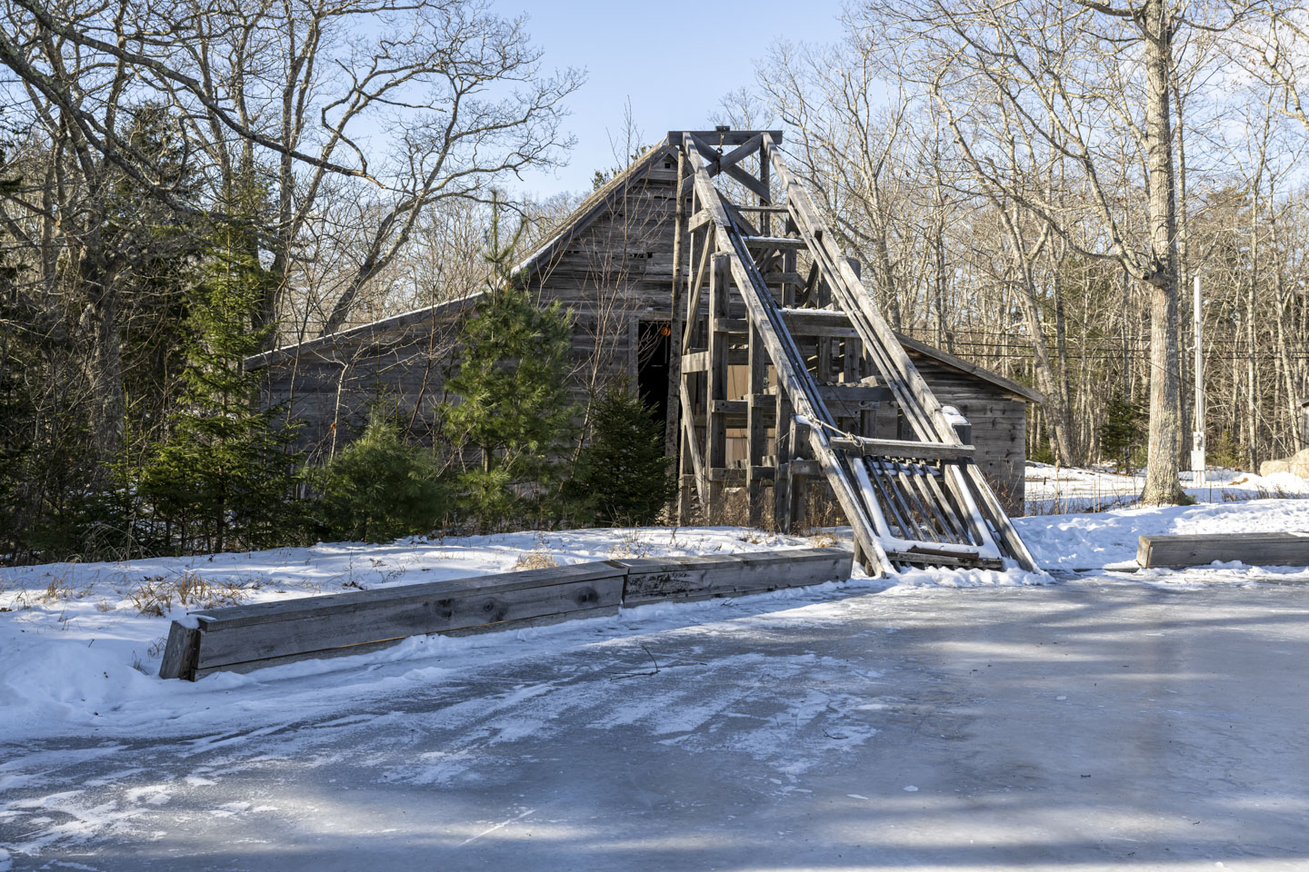 This picture was taken from on the ice, and is of the ice barn with the adjustable ramp in front of it.