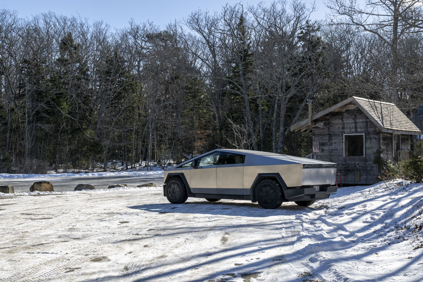 A Tesla Cybertruck is parked in the lot at Thompson Ice House.