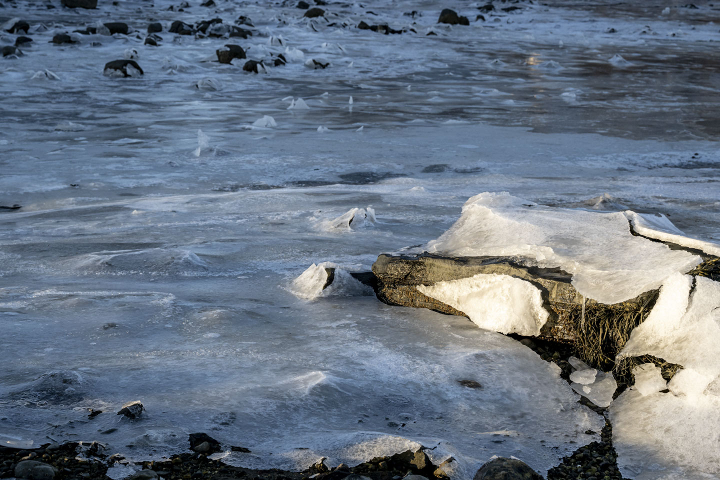 This scene has many rocks sticking out of ice.