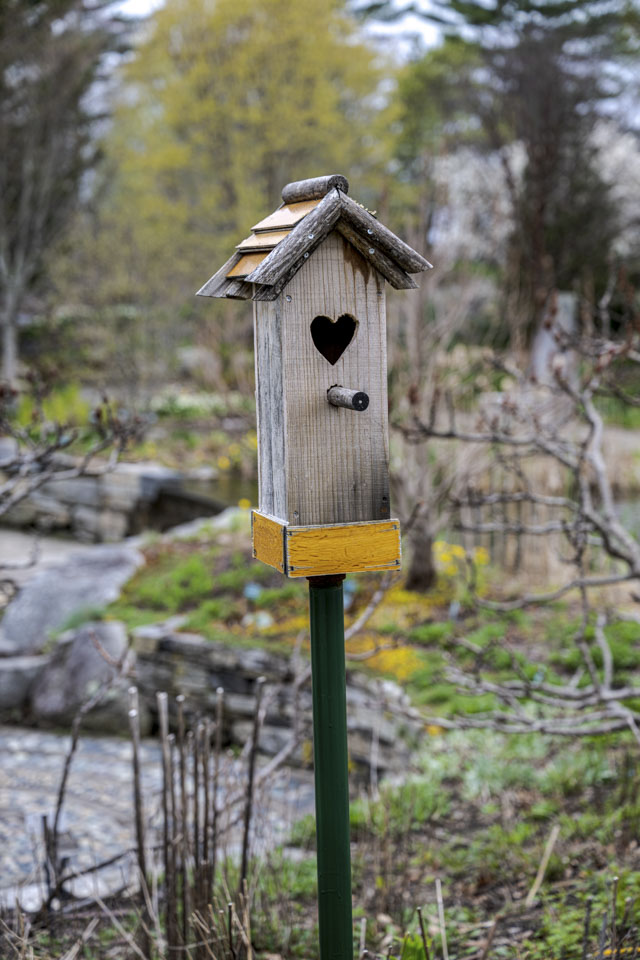 A small birdhouse with a heart shaped entrance is on a pole.