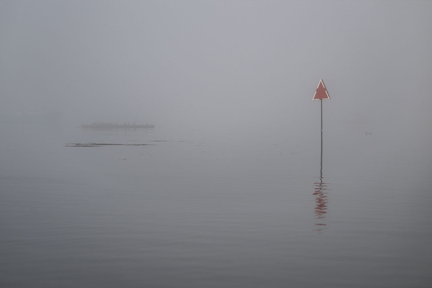A red navigation sign sticks out of the water, with fog obscuring the background.