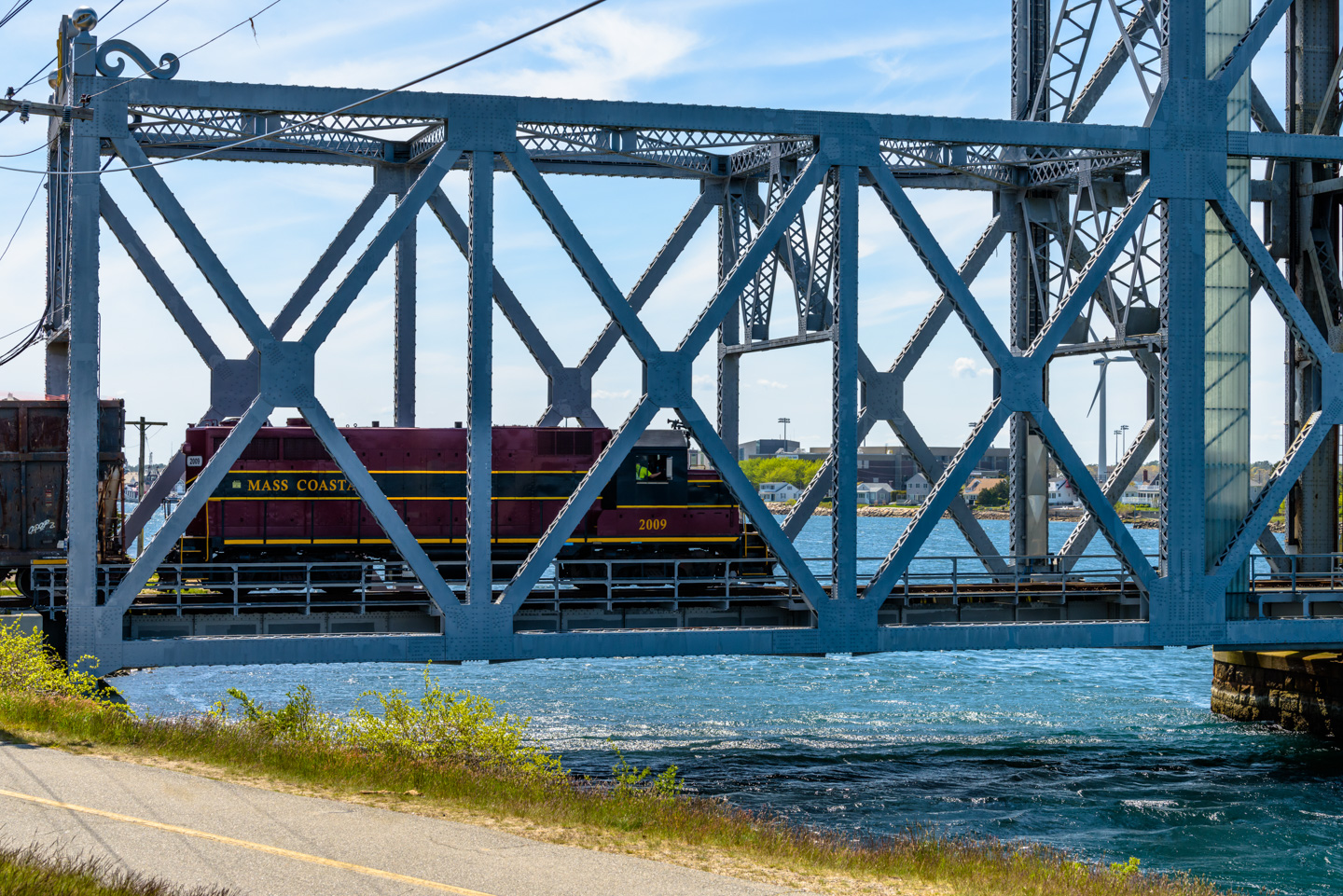 Train when first starting to cross the Cape Cod Canal on the railroad bridge